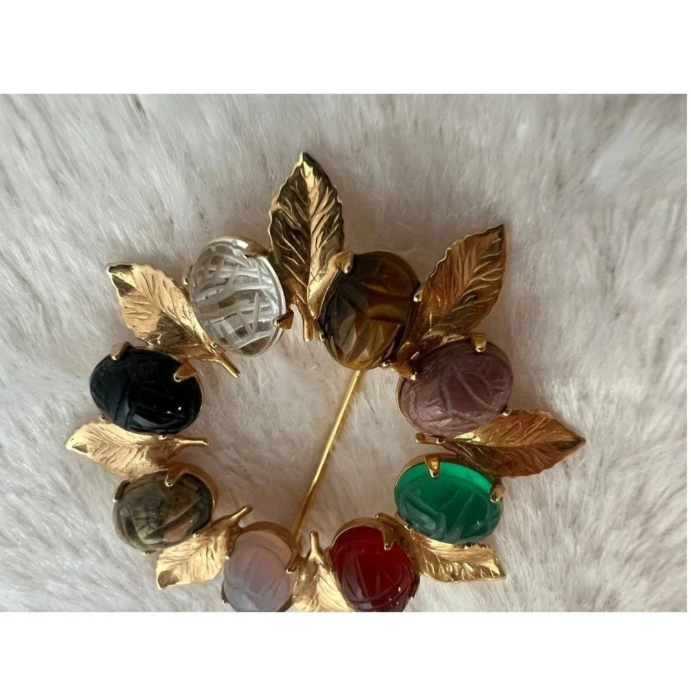Vintage Scarab‎ Brooch Gold Multi Color Carved Glass Gemstones Egyptian Revival